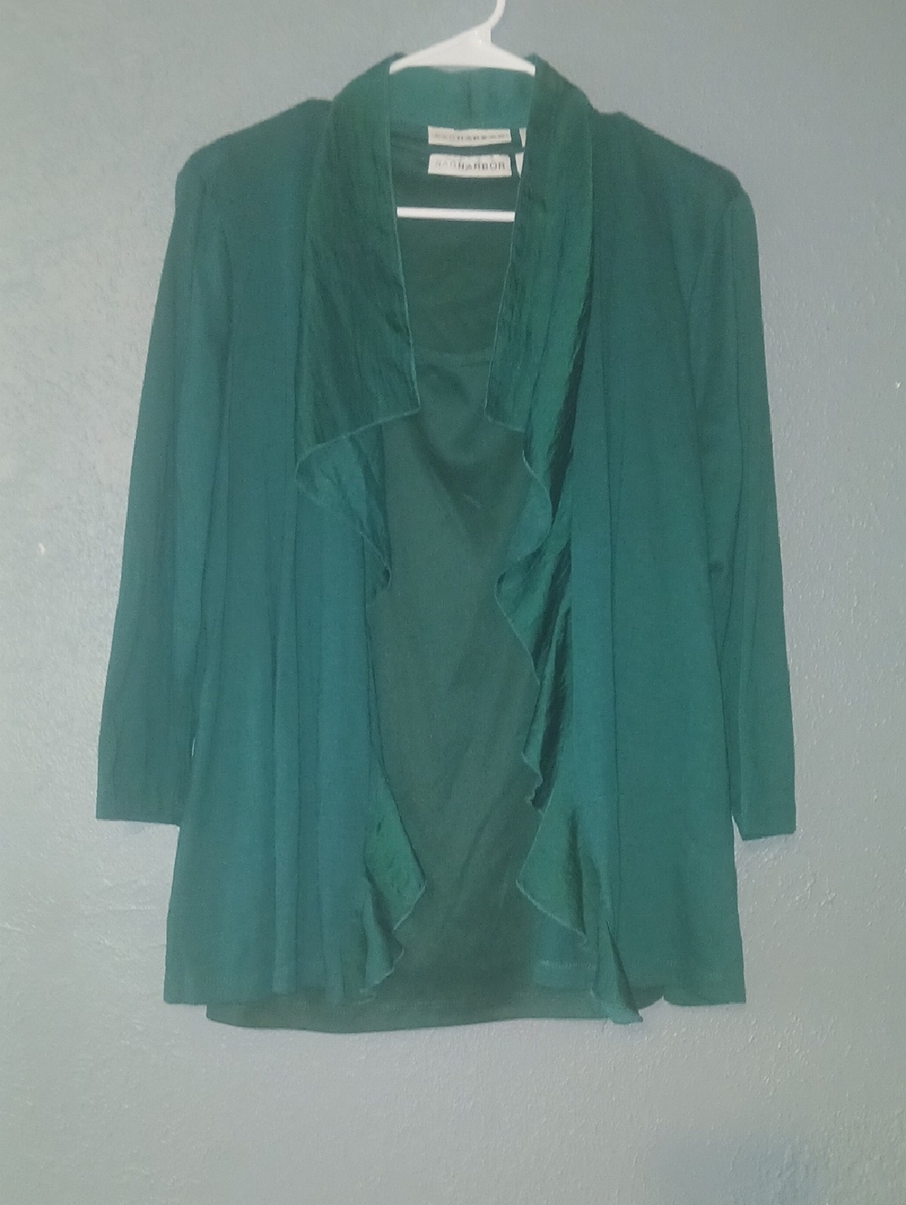 Sag Harbor Teal Open-Front Ruffle Cardigan Jacket Tank Top Under